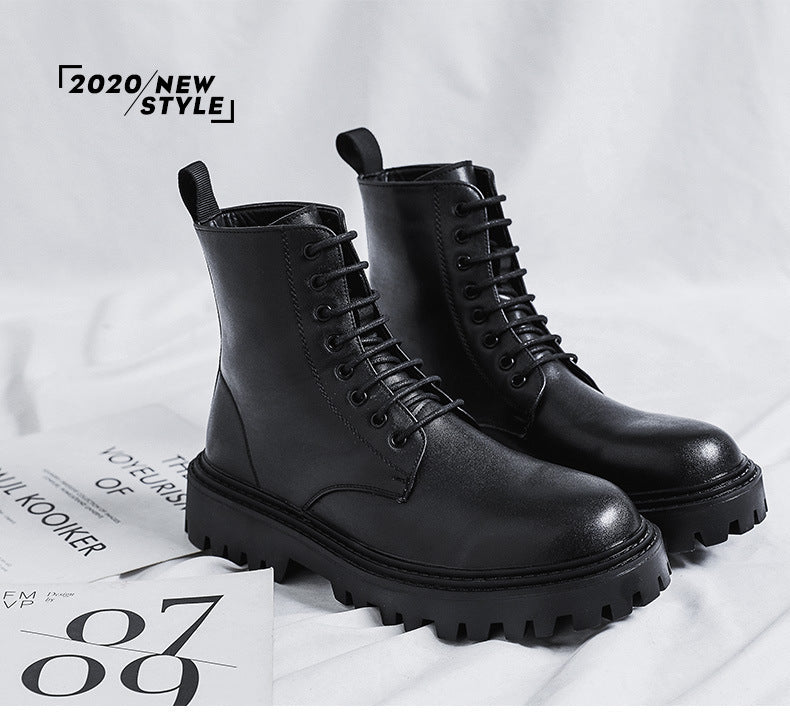 Popular martin boots for men, high-top trendy spring & fall british style, retro mid-top leather shoes, heightening black leather boots