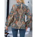 Shipped: hot-selling cross-border  women's printed v-neck lantern sleeve blouse, long-sleeved v-neck casual shirt