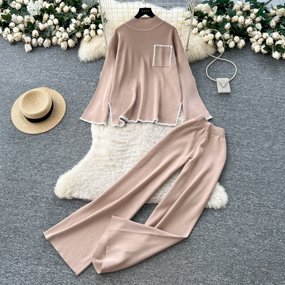 Women's sweater set - autumn/winter loose fit fashion color block crew neck long sleeve knit top & high waist wide leg pants two-piece outfit