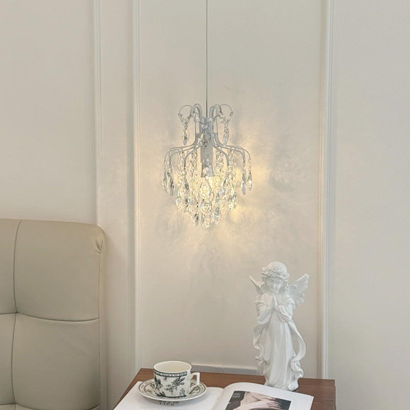 French retro cream white crystal teardrop mini pendant light - cream style for bedroom, bedside, entryway, bay window, and homestay