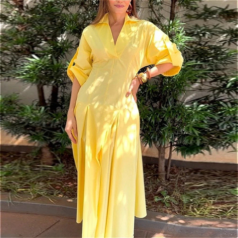 summer new women's clothing: cross-border european and american style dress - fashionable and elegant solid color v-neck pleated maxi dress