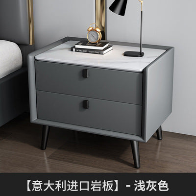 Modern minimalist bedroom nightstand - microfiber leather, sintered stone top, solid wood frame, new design with drawer storage, smart enabled
