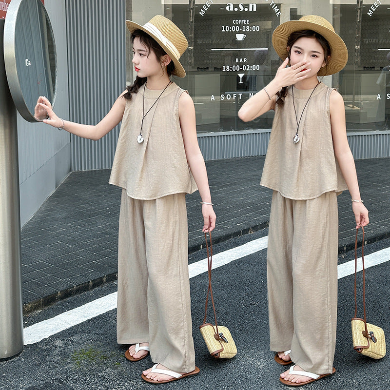 Girls' summer outfit: new  chinese style sleeveless top and wide-leg pants set - trendy two-piece casual set