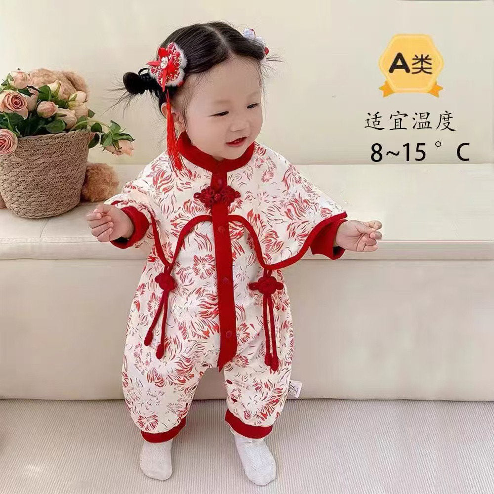 Baby winter baby girl full month fall and winter hundred days dress one-piece princess medium thick chinese style one year old outing one-piece