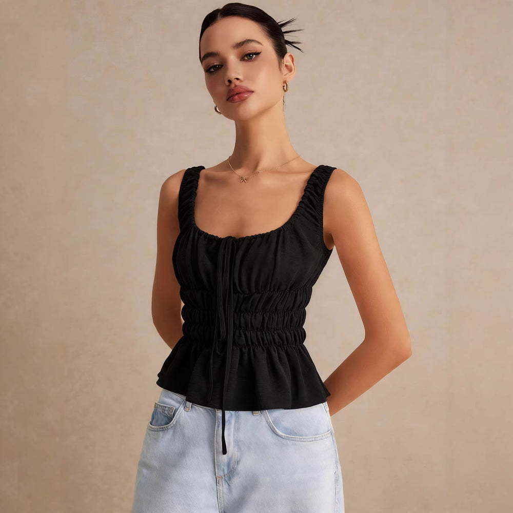 European and american style sweet square neck drawstring ruched camisole top - women's slimming, figure-flattering, ruffle hem, open back top