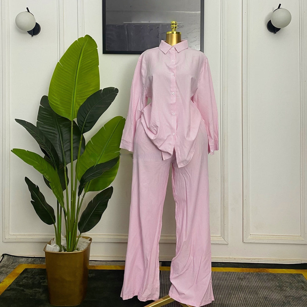 European and american cross-border women's fashion:  spring new collection - stylish turn-down collar, loose-fit long sleeve shirt and wide-leg pants casual set