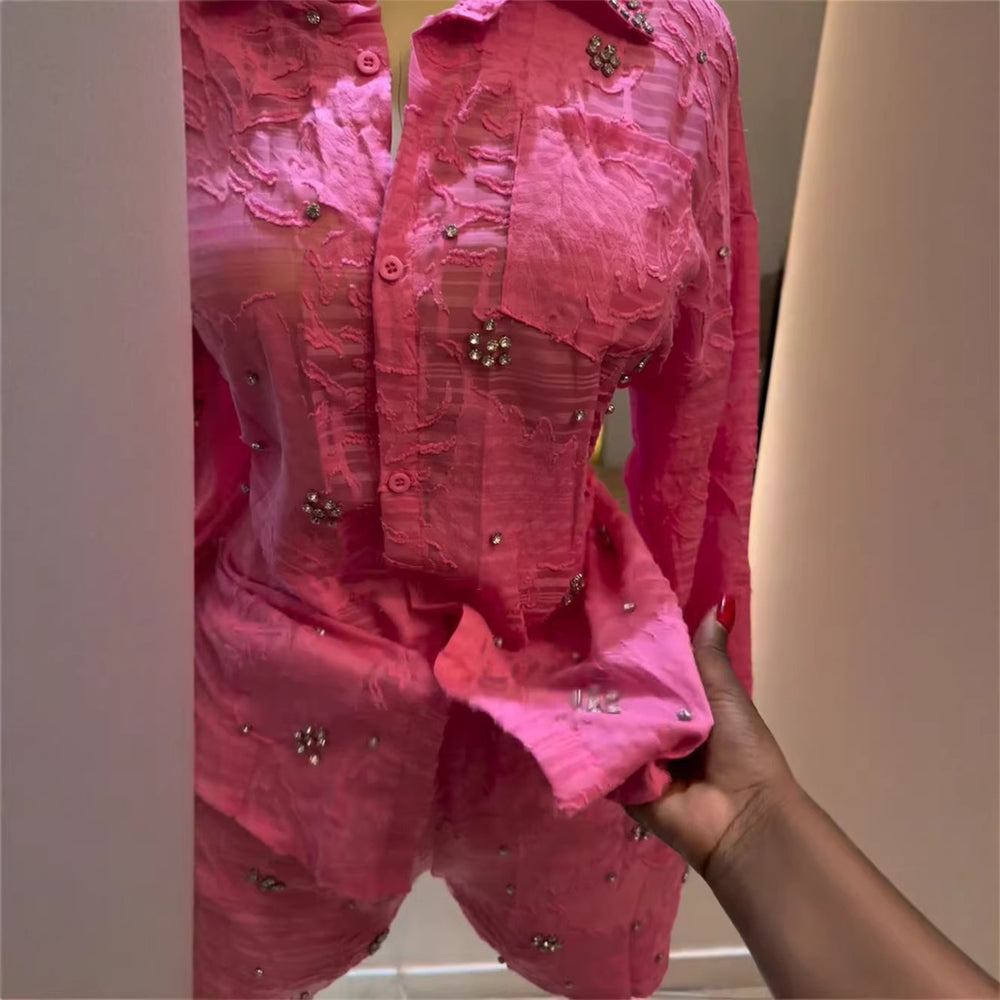 European and american cross-border women's fashion:  summer new arrival - chic and elegant pink diamond-embellished long-sleeve blouse and shorts set