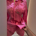 European and american cross-border women's fashion:  summer new arrival - chic and elegant pink diamond-embellished long-sleeve blouse and shorts set