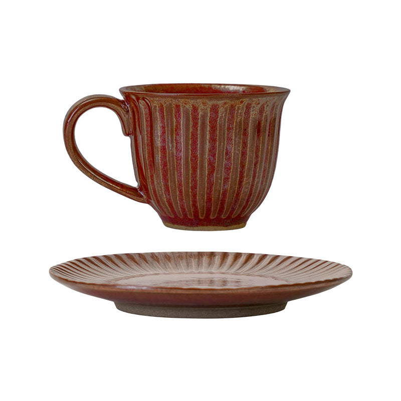 Vintage ceramic striped coffee cup and saucer set - stylish stoneware mug for office afternoon tea, water, or milk