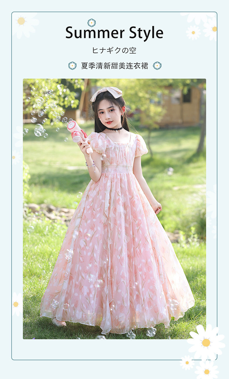 Girldressprintingfloralsprincess skirt long skirt forest style pastoral chiffon waist slimming lookkids skirt lady
