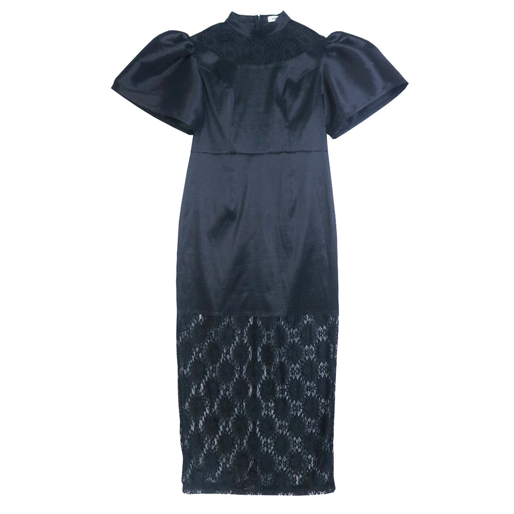Am030302 designer stand collar flared sleeve dress - elegant lace see-through mini dress