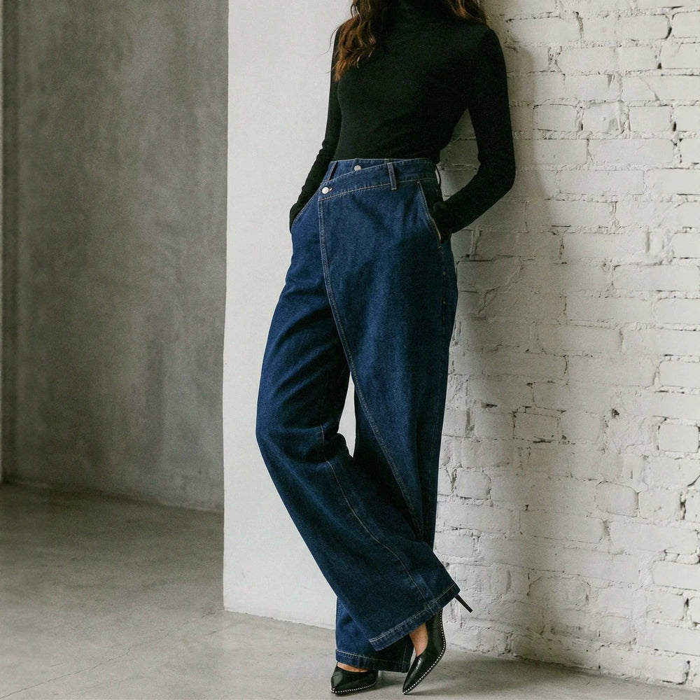 Fashionjeans women's diagonal buckle wrap wide-leg pants high waistdrapedloosestraight-leg denim pants work clothing women's clothing