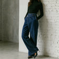 Fashionjeans women's diagonal buckle wrap wide-leg pants high waistdrapedloosestraight-leg denim pants work clothing women's clothing