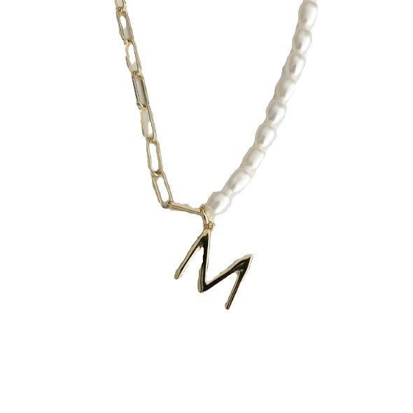 Elegant and chic: freshwater pearl necklace for moms - 26 letter titanium steel gold-plated pendant choker