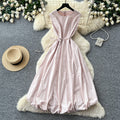 French sleeveless tie-up a-line tulip dress - women's summer high-waisted cinched waist tie detail flowy luxury work dress