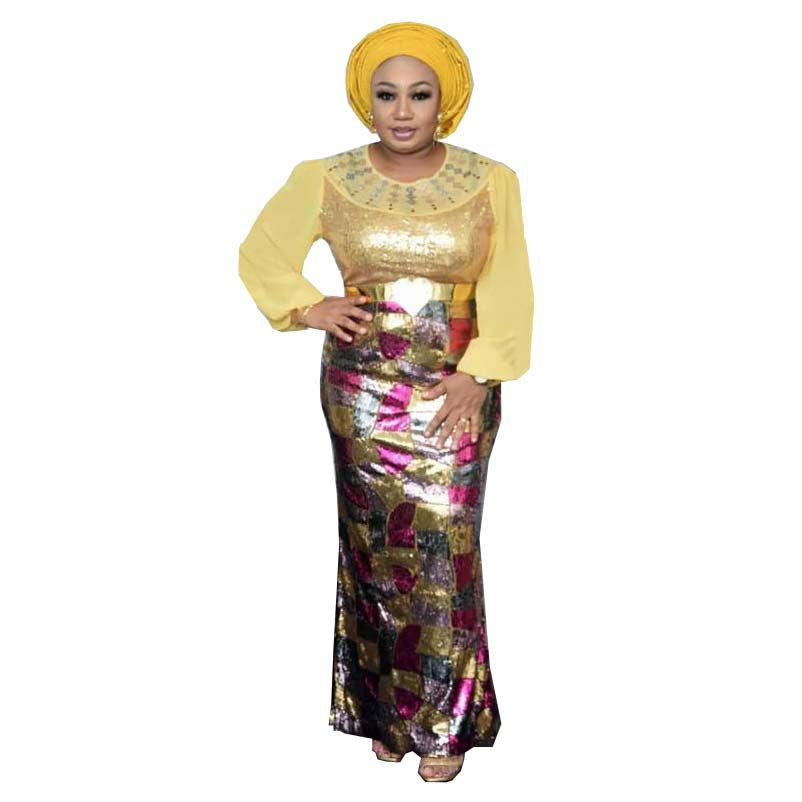 supply of african autumn fashion women's long lantern sleeves sequin evening dress women's waist long skirt