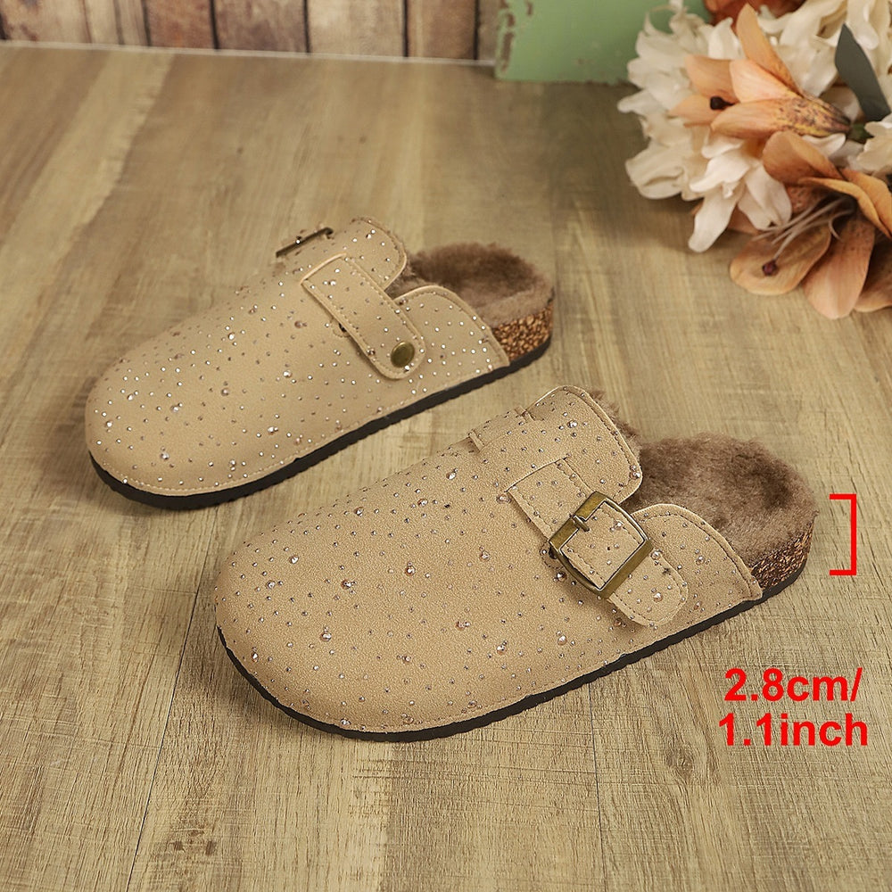 Fleece-linedthick sole baotou boken slippers autumnew arrivalheattech rhinestone cross-border plus sizeoutwear half slippers for women
