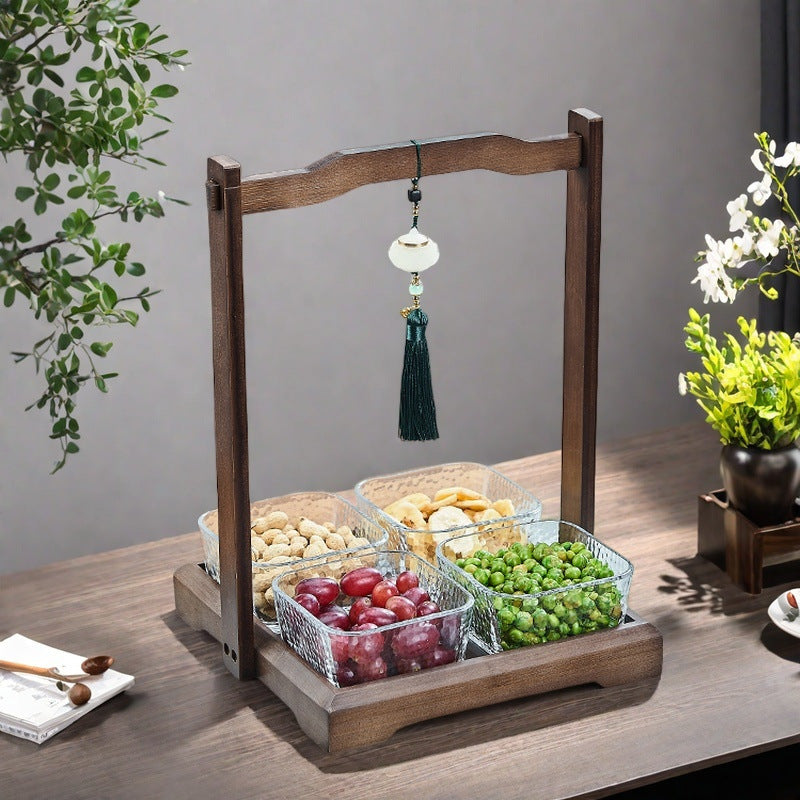 Luxury walnut wood-effect fruit & snack platter - home use, divided compartments, creative dried fruit dish, dessert glass bowl & fruit plate