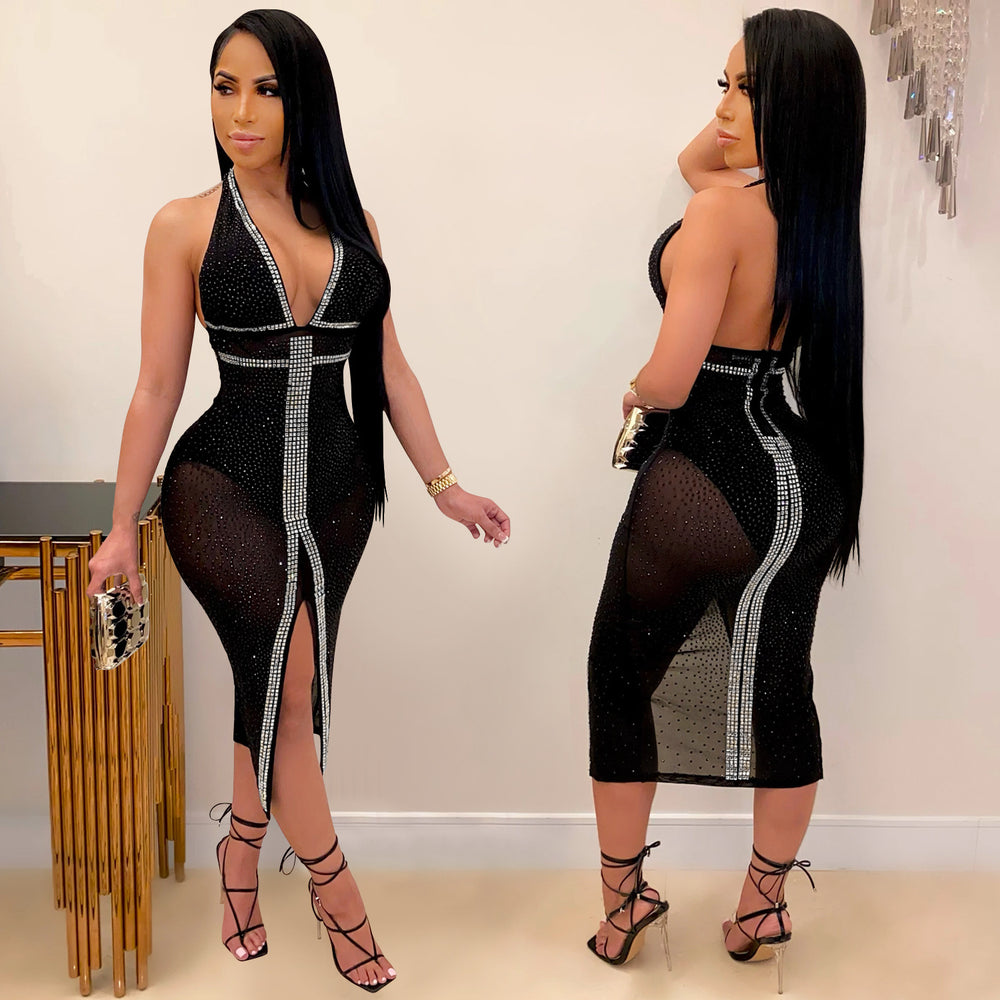X3732 european and american fashion new arrivals   sexy nightclub mesh see-through women's dress rhinestone embellished