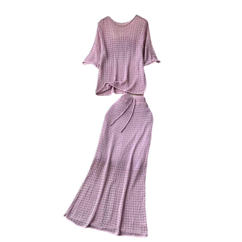 Korean style hollow-out age-defying set: women's loose-fit versatile crew neck short sleeve knit top + waist-defining bodycon fishtail midi skirt