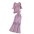 Korean style hollow-out age-defying set: women's loose-fit versatile crew neck short sleeve knit top + waist-defining bodycon fishtail midi skirt
