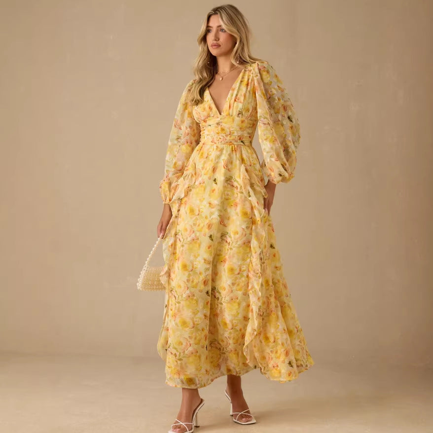 Yellow floral dress - autumn  australian fresh & sweet stand collar single-breasted tie-waist maxi dress