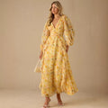 Yellow floral dress - autumn  australian fresh & sweet stand collar single-breasted tie-waist maxi dress