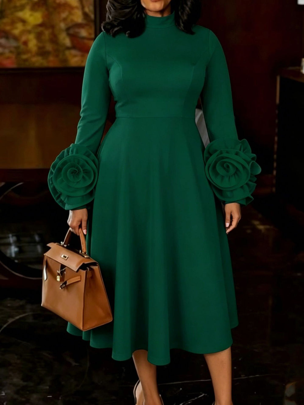 New plus size elegant midi a-line dress - mock neck, long sleeves, 3d floral sleeves, chic dress
