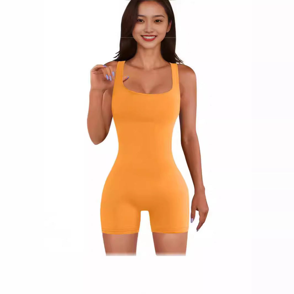 summer women's zipper solid color square neck sleeveless waist tight one-piece shorts yoga pants