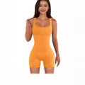 summer women's zipper solid color square neck sleeveless waist tight one-piece shorts yoga pants