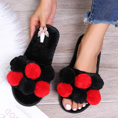 2024 korean style fuzzy slippers for women, autumn/winter color block rainbow plush one-strap slides, indoor/outdoor cotton slippers for women