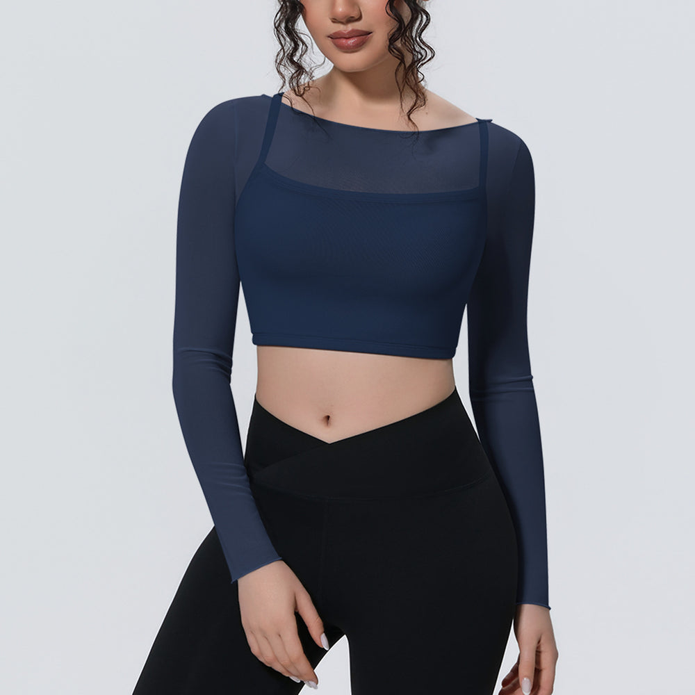 New arrival: solid color mesh double-layer breathable faux two-piece long sleeve casual activewear top for running, fitness, and yoga