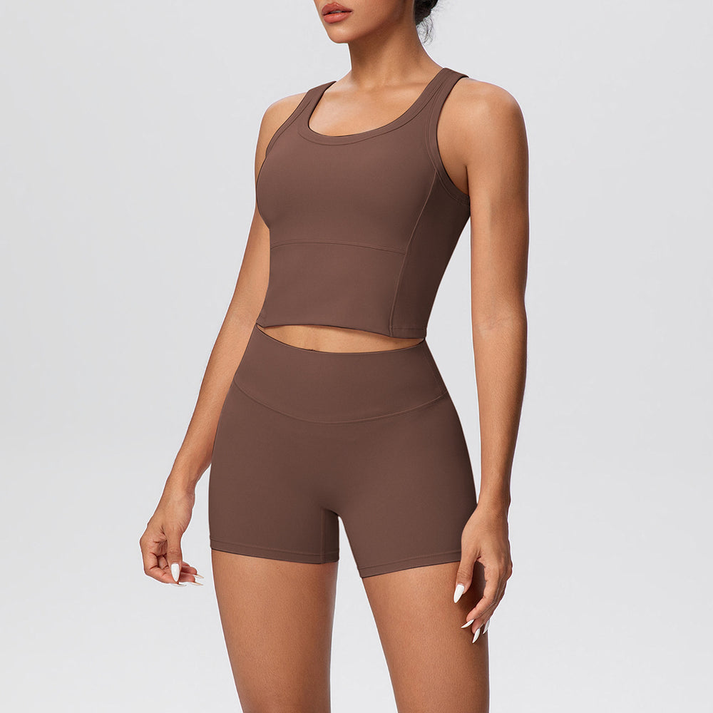 New arrival: cross-border double-sided brushed solid color breathable tank top and shorts yoga set - activewear two-piece for running and fitness