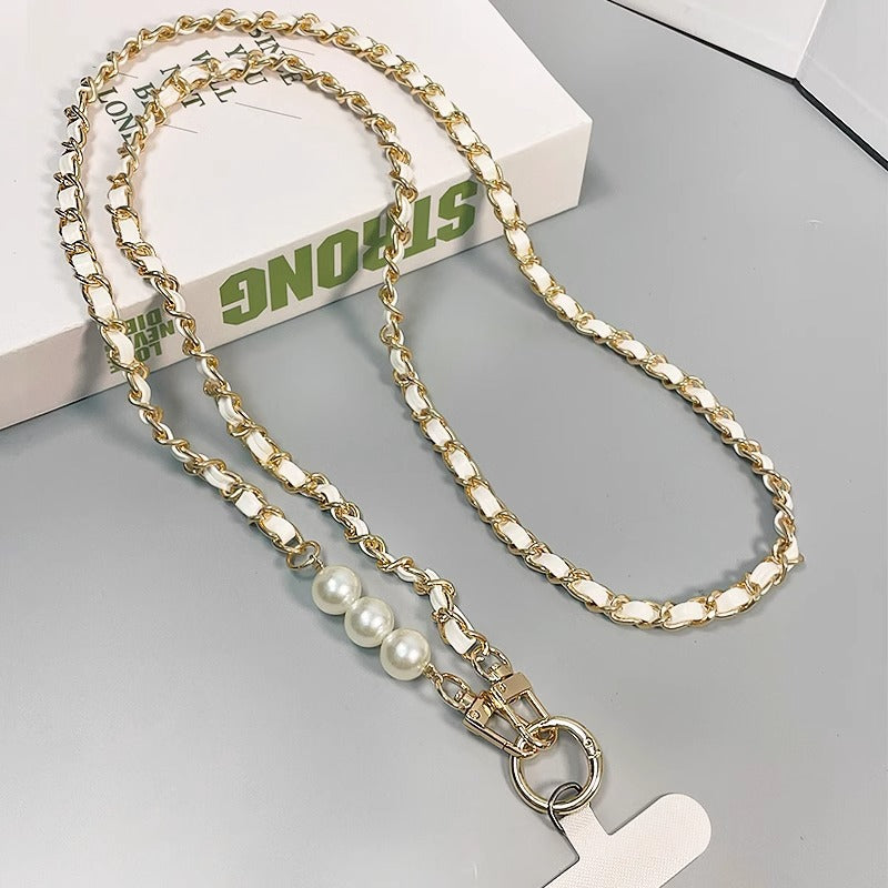 Mobile phone lanyard small fragrant pearl pickup chain long crossbody mobile phone hanging chain metal leather pendant bag chain