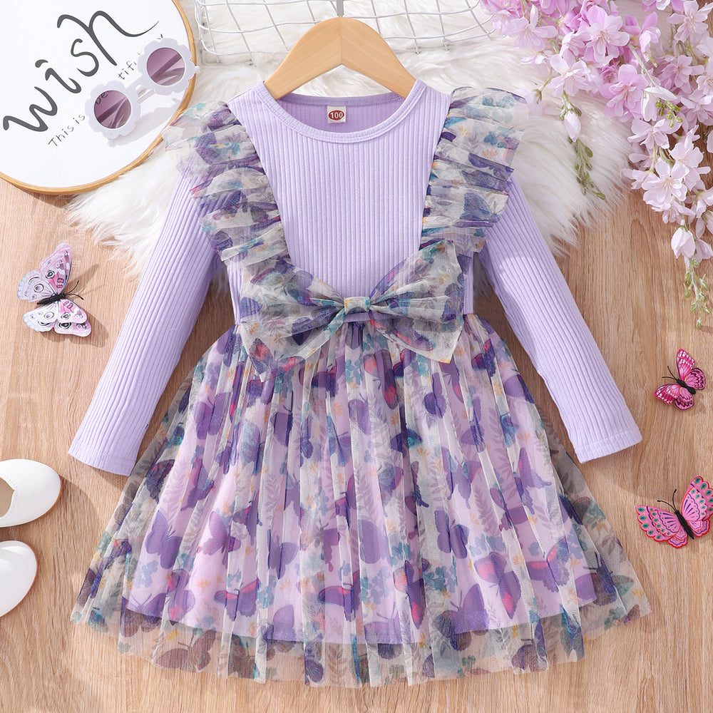Kids' long-sleeve ribbed knit butterfly mesh dress
