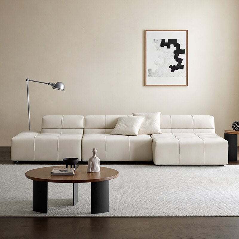 Custom module genuine leather sofa living room combination furniture, "tofu block" style italian & japanese cream-colored fabric sofa