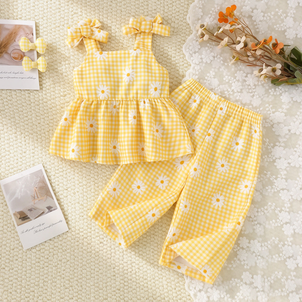 Children's clothing shein cross-border girl suit yellow suspender top + pants two pieces