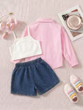 Kids clothing cross-border exclusive i lapel plaid shirt camisole jeans three-piece children's clothing
