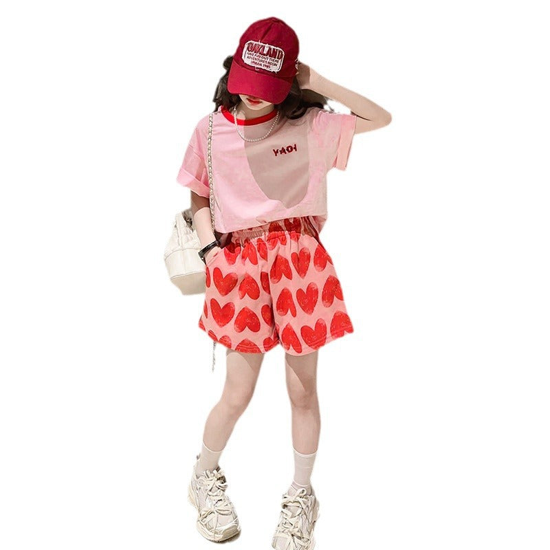 Girls' summer short-sleeve and shorts activewear set - trendy and stylish korean style casual summer outfit for girls (sizes for mid-to-large children)