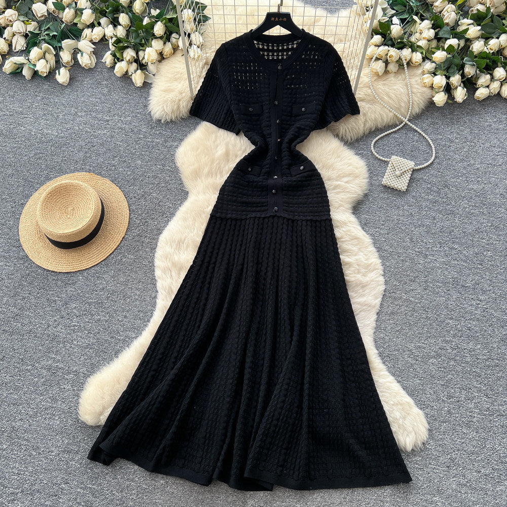 French style chic casual dress - women's short sleeve korean a-line dress - high waist slimming work-ready elegant dress