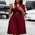 C8647 winter european and american sexy elegant turn-down collar waist-cinching suit dress, chic and stylish solid color plus size dress