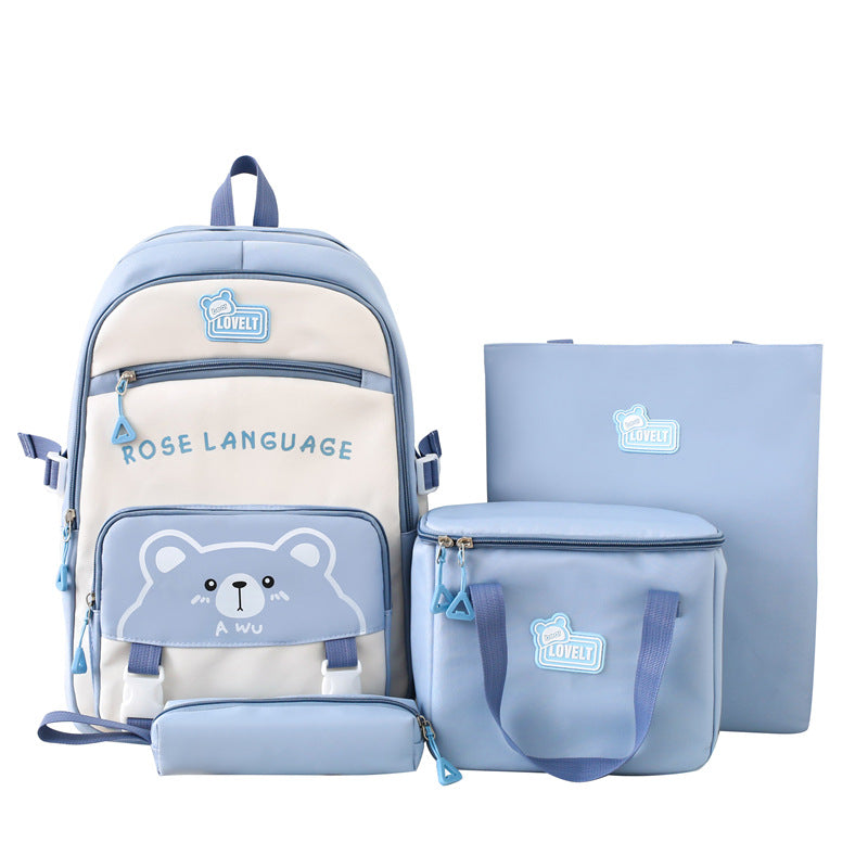 New student schoolbag cute cartoon backpack simple and lightweight large capacity backpack four-piece set for primary and secondary schools