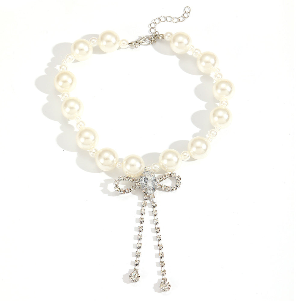 European and american cross-border imitation pearl necklace for women, personalized sweet and cool diamond-encrusted tassel bow choker, high-end collarbone chain