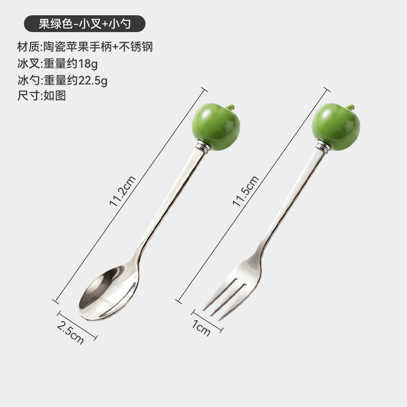 Colorful apple fork and spoon set - creative spoons with stainless steel and ceramic handles for fruit, coffee, cake, and desserts - wholesale