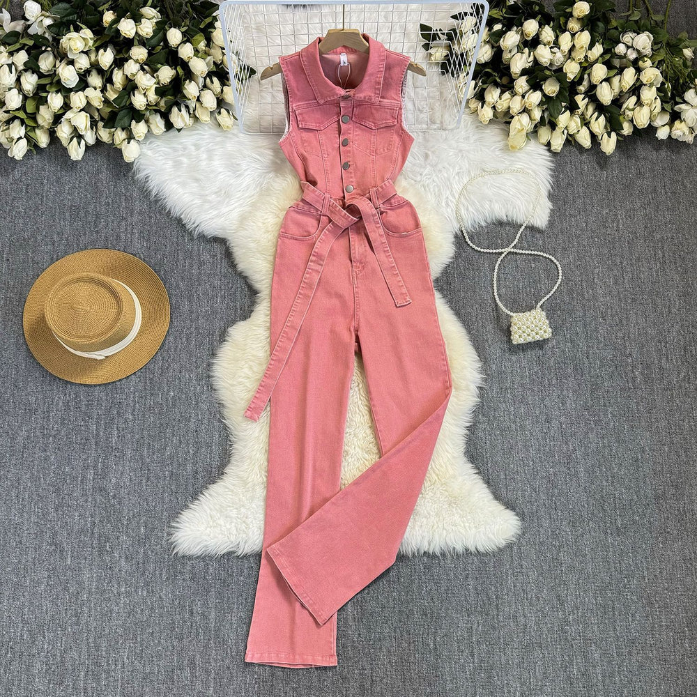 Hong kong style retrochicsense of design strap waist slimming look lapel metal buckle jeans jumpsuit