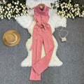Hong kong style retrochicsense of design strap waist slimming look lapel metal buckle jeans jumpsuit