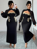 Exportaccessible luxury styleplus size dress skirt mesh long sleeves hollow out chest gold thread embroider waist slimming look fishtail style