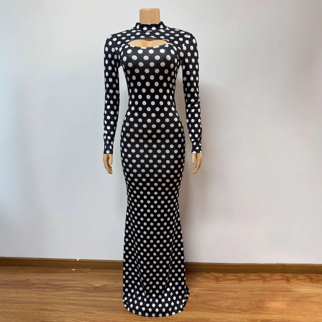 European and American new printed semi-turtleneck hollow sexy hip-wrapped long-sleeved dress polka dot long dress