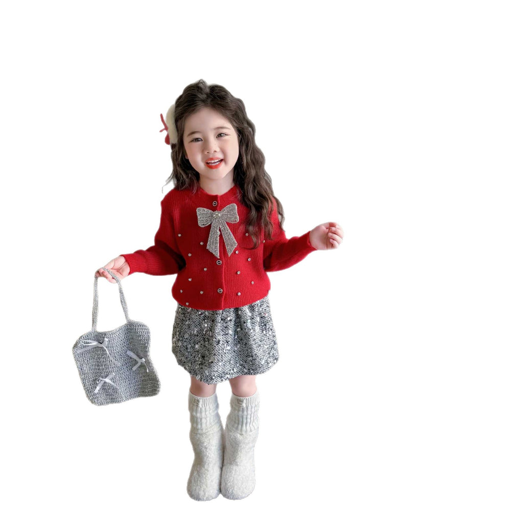 Girls' sweater french style tweed bow knittingcardiganfall and winternew arrivalsoft and sweeteasiest for matchsuit
