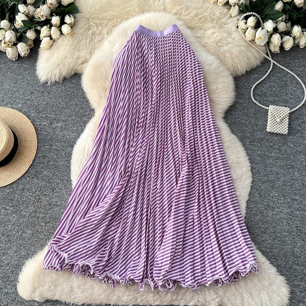 Korean style high-waisted a-line striped patchwork midi skirt - new 2025 collection, versatile striped design with a flowy drape